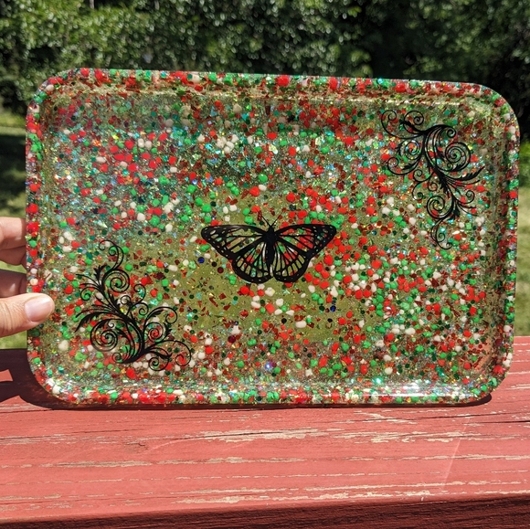 Christmas Butterfly Candy Tray Large Sparkly Red Green White Nerds Candy Resin - Picture 1 of 10
